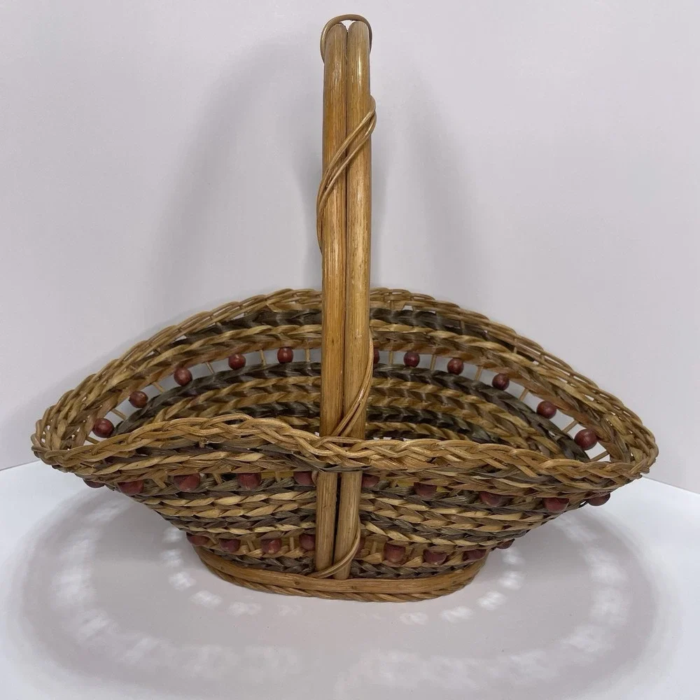 Large Vtg Willow Wicker Wood Bead Basket Handmade‎ Rattan 16.5x10.5